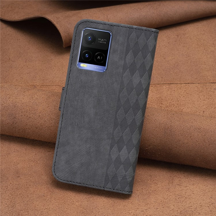 Phone Case for vivo Y21 / Y21s / Y33s PU Leather Grid Pattern Imprinted Cover Stand Wallet Shell - Black