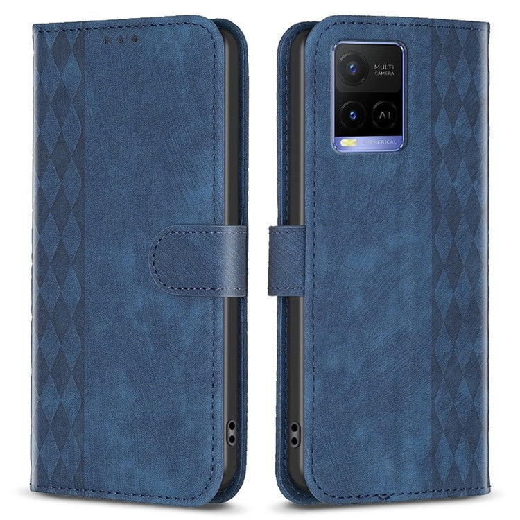 Phone Case for vivo Y21 / Y21s / Y33s PU Leather Grid Pattern Imprinted Cover Stand Wallet Shell - Blue