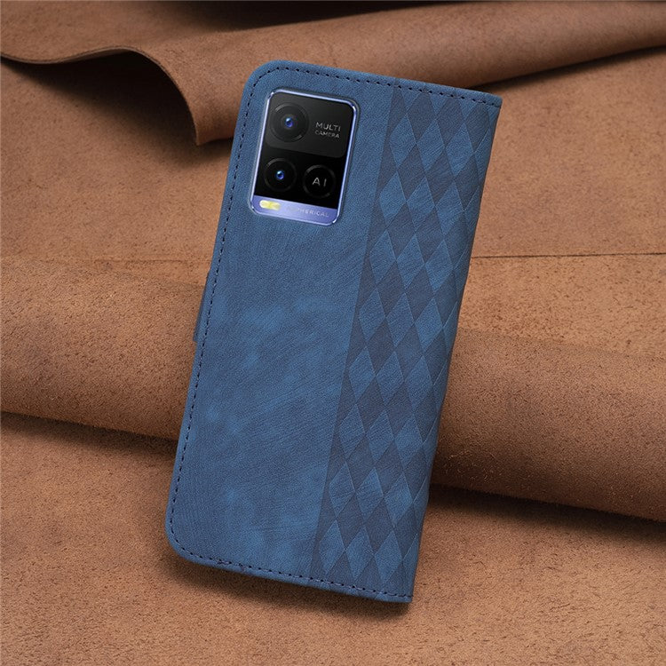 Phone Case for vivo Y21 / Y21s / Y33s PU Leather Grid Pattern Imprinted Cover Stand Wallet Shell - Blue