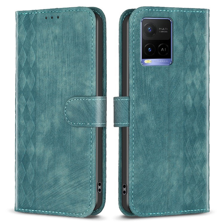 Phone Case for vivo Y21 / Y21s / Y33s PU Leather Grid Pattern Imprinted Cover Stand Wallet Shell - Green