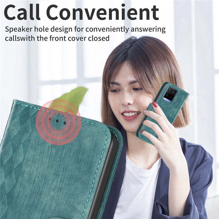 Phone Case for vivo Y21 / Y21s / Y33s PU Leather Grid Pattern Imprinted Cover Stand Wallet Shell - Green