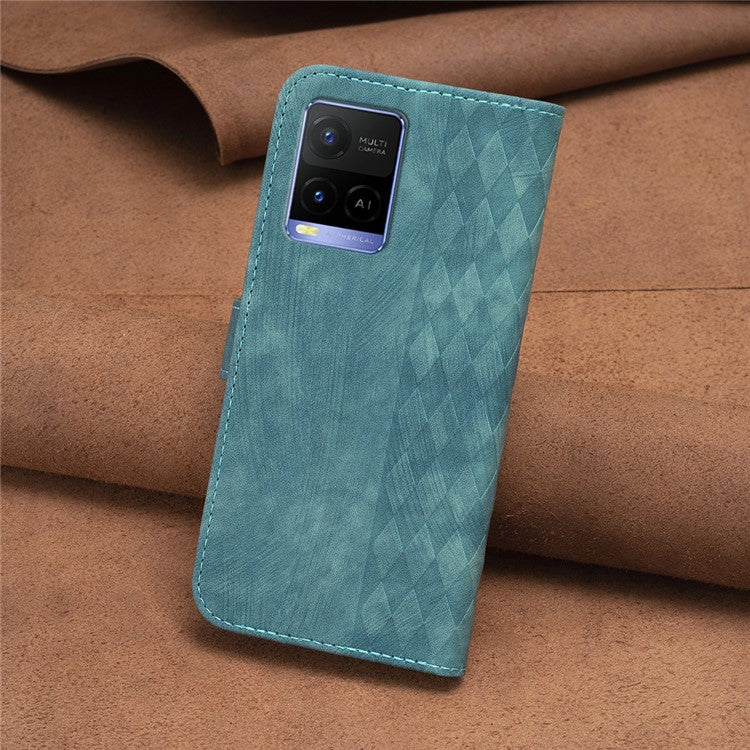 Phone Case for vivo Y21 / Y21s / Y33s PU Leather Grid Pattern Imprinted Cover Stand Wallet Shell - Green