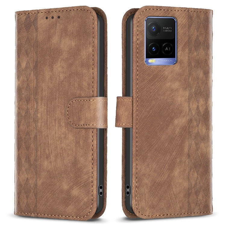 Phone Case for vivo Y21 / Y21s / Y33s PU Leather Grid Pattern Imprinted Cover Stand Wallet Shell - Brown