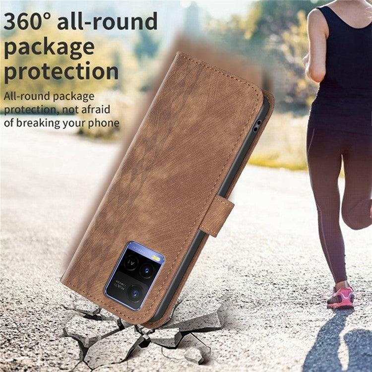 Phone Case for vivo Y21 / Y21s / Y33s PU Leather Grid Pattern Imprinted Cover Stand Wallet Shell - Brown