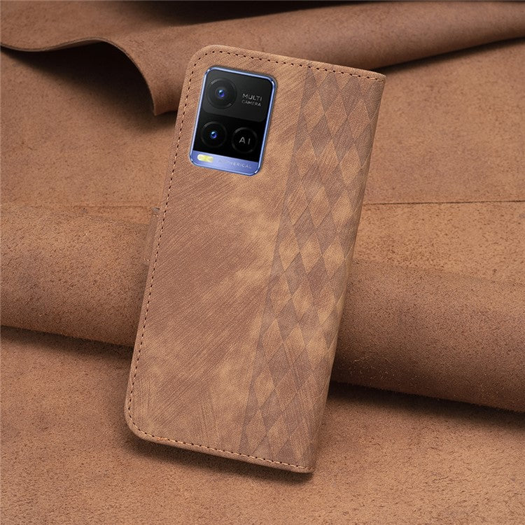 Phone Case for vivo Y21 / Y21s / Y33s PU Leather Grid Pattern Imprinted Cover Stand Wallet Shell - Brown