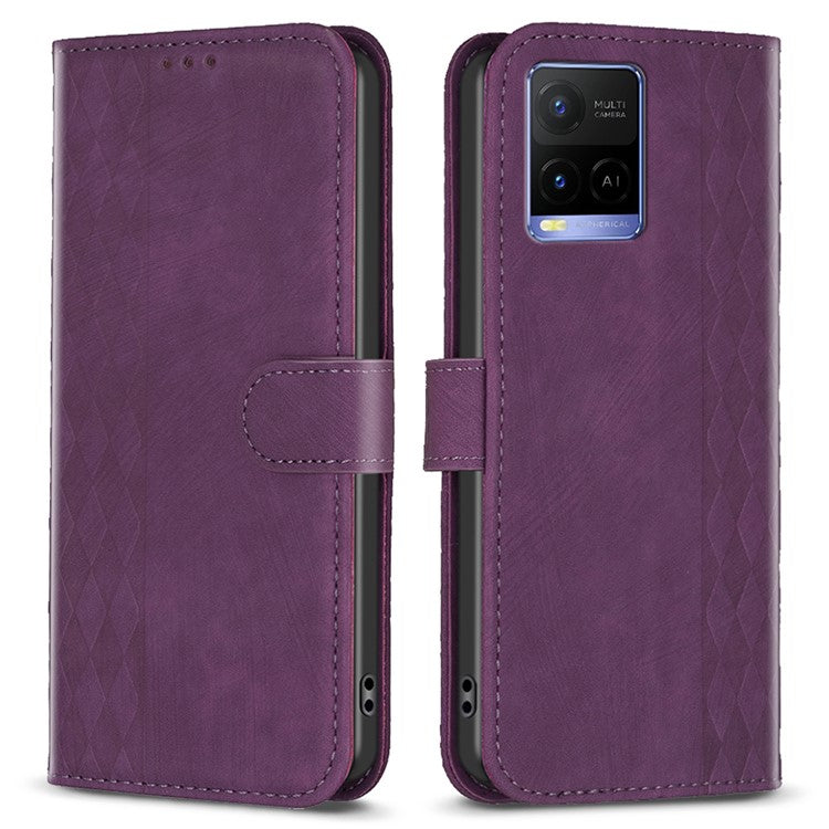 Phone Case for vivo Y21 / Y21s / Y33s PU Leather Grid Pattern Imprinted Cover Stand Wallet Shell - Purple