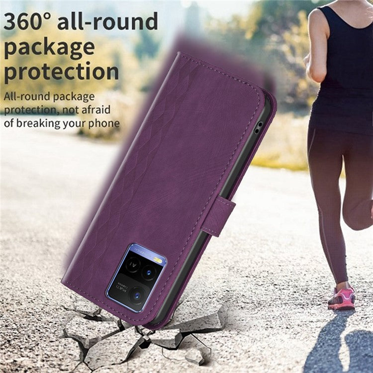 Phone Case for vivo Y21 / Y21s / Y33s PU Leather Grid Pattern Imprinted Cover Stand Wallet Shell - Purple