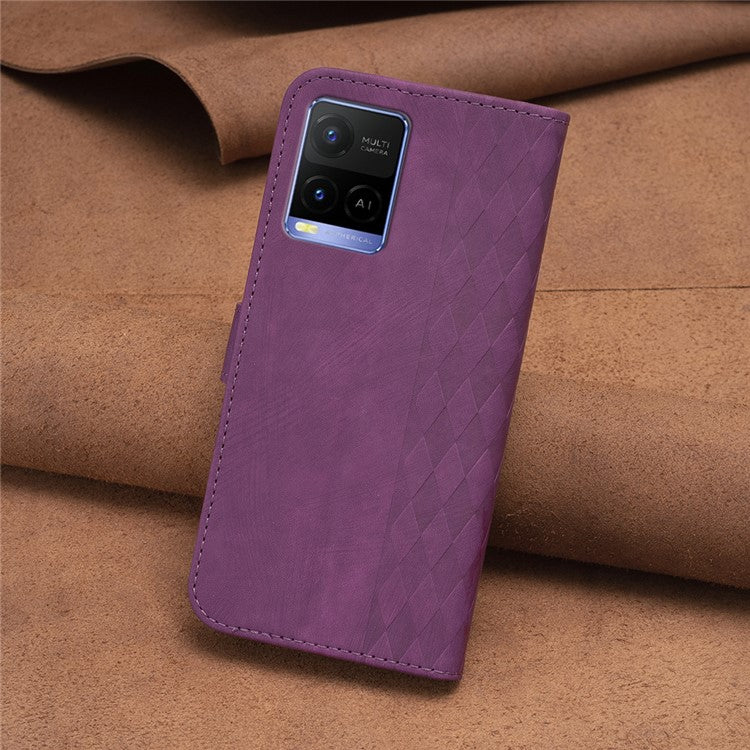 Phone Case for vivo Y21 / Y21s / Y33s PU Leather Grid Pattern Imprinted Cover Stand Wallet Shell - Purple