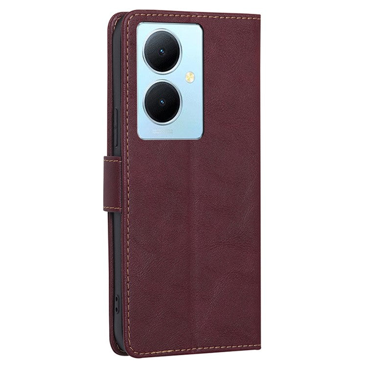 For vivo Y78+ 5G RFID Blocking Phone Case Wallet Stand PU Leather Flip Cover - Wine Red