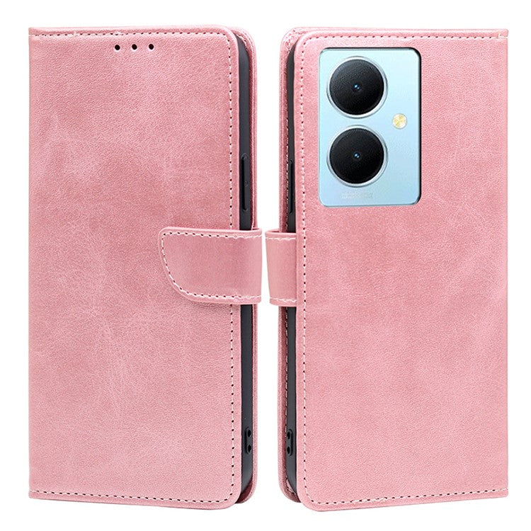 For vivo Y78+ 5G PU Leather Flip Cover Calf Texture Wallet Stand Magnetic Protective Phone Case - Rose Gold