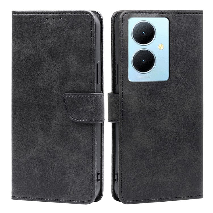 For vivo Y78+ 5G PU Leather Flip Cover Calf Texture Wallet Stand Magnetic Protective Phone Case - Black