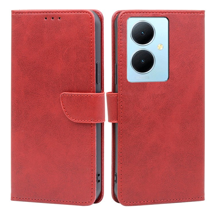 For vivo Y78+ 5G PU Leather Flip Cover Calf Texture Wallet Stand Magnetic Protective Phone Case - Red