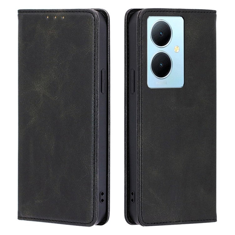 Calf Texture Leather Phone Cover for vivo Y78+ 5G , Full Protection Stand Wallet Case - Black