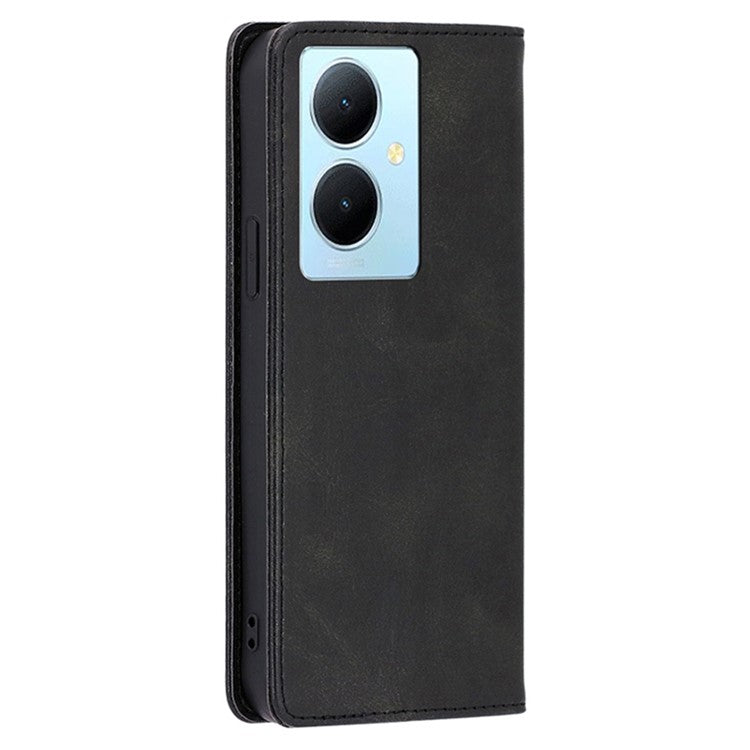 Calf Texture Leather Phone Cover for vivo Y78+ 5G , Full Protection Stand Wallet Case - Black