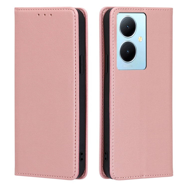 Calf Texture Leather Phone Cover for vivo Y78+ 5G , Full Protection Stand Wallet Case - Rose Gold