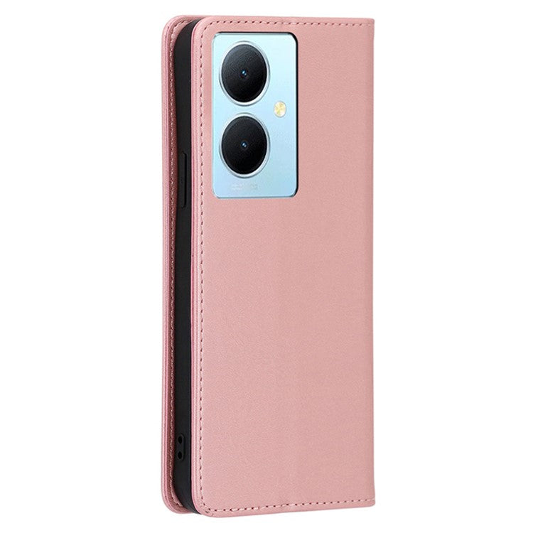 Calf Texture Leather Phone Cover for vivo Y78+ 5G , Full Protection Stand Wallet Case - Rose Gold