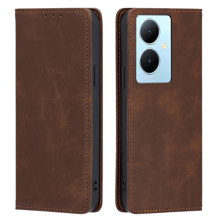 Calf Texture Leather Phone Cover for vivo Y78+ 5G , Full Protection Stand Wallet Case - Brown