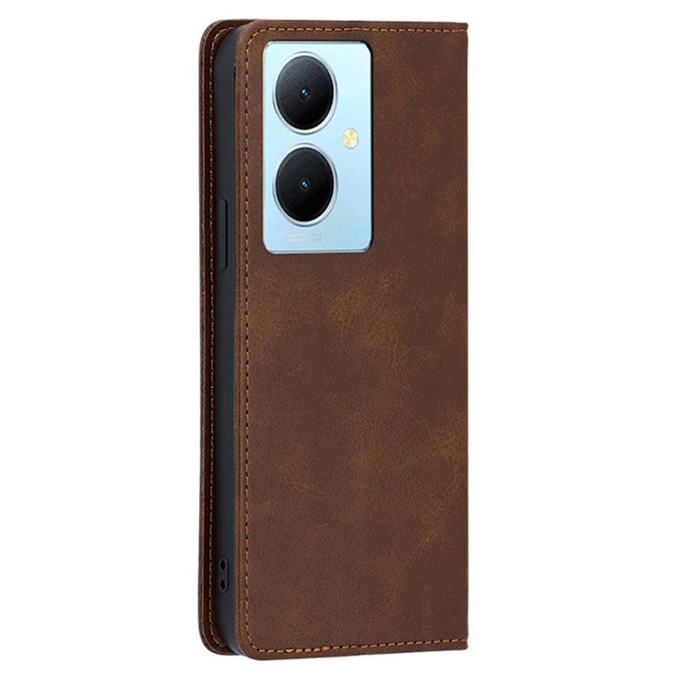 Calf Texture Leather Phone Cover for vivo Y78+ 5G , Full Protection Stand Wallet Case - Brown