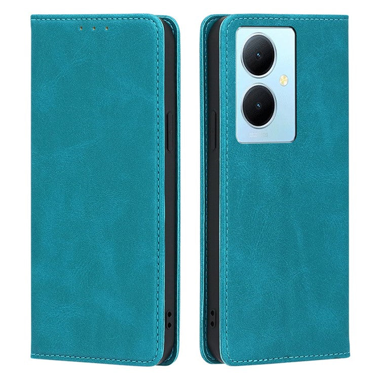 Calf Texture Leather Phone Cover for vivo Y78+ 5G , Full Protection Stand Wallet Case - Baby Blue