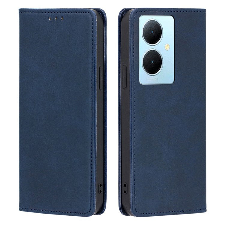 Calf Texture Leather Phone Cover for vivo Y78+ 5G , Full Protection Stand Wallet Case - Sapphire