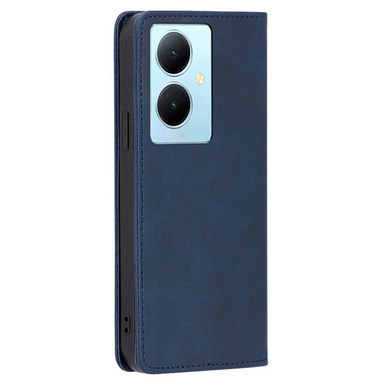 Calf Texture Leather Phone Cover for vivo Y78+ 5G , Full Protection Stand Wallet Case - Sapphire