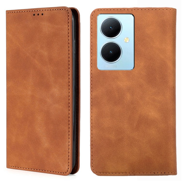 For vivo Y78+ 5G Magnetic Phone Cover Skin-touch Feeling Flip Card Holder PU Leather Phone Case - Light Brown