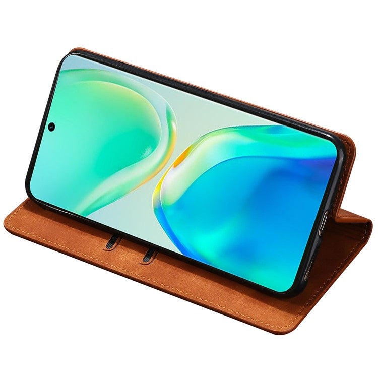 For vivo Y78+ 5G Magnetic Phone Cover Skin-touch Feeling Flip Card Holder PU Leather Phone Case - Light Brown