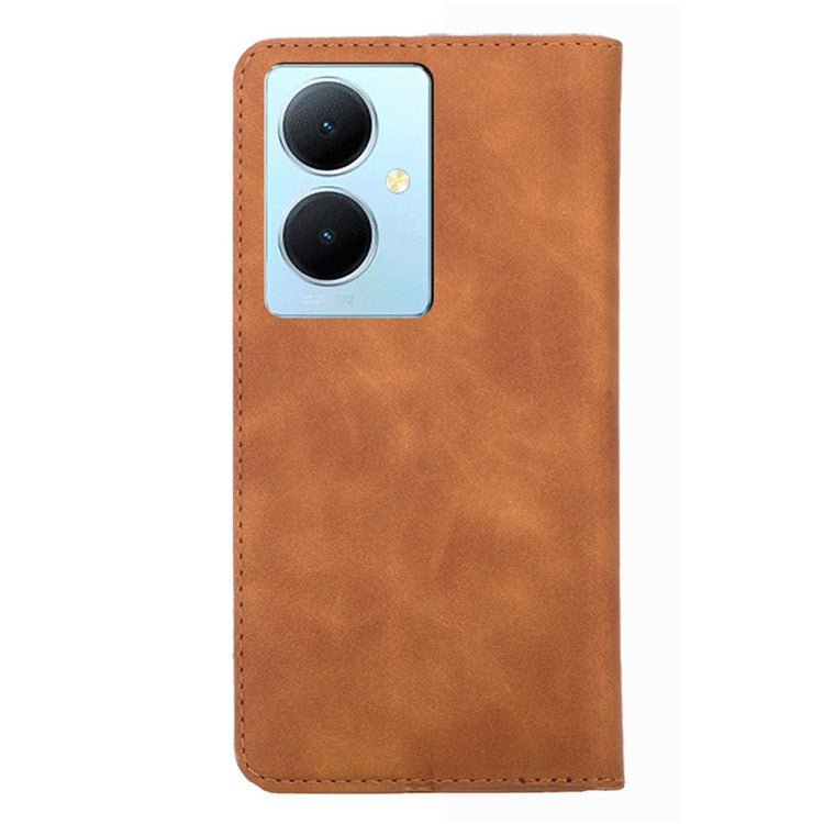 For vivo Y78+ 5G Magnetic Phone Cover Skin-touch Feeling Flip Card Holder PU Leather Phone Case - Light Brown