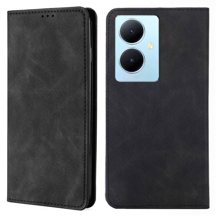 For vivo Y78+ 5G Magnetic Phone Cover Skin-touch Feeling Flip Card Holder PU Leather Phone Case - Black