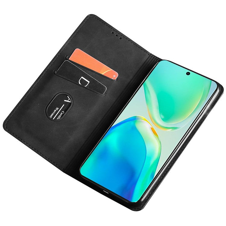 For vivo Y78+ 5G Magnetic Phone Cover Skin-touch Feeling Flip Card Holder PU Leather Phone Case - Black