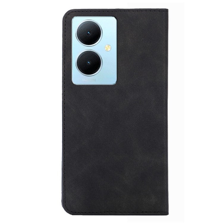 For vivo Y78+ 5G Magnetic Phone Cover Skin-touch Feeling Flip Card Holder PU Leather Phone Case - Black