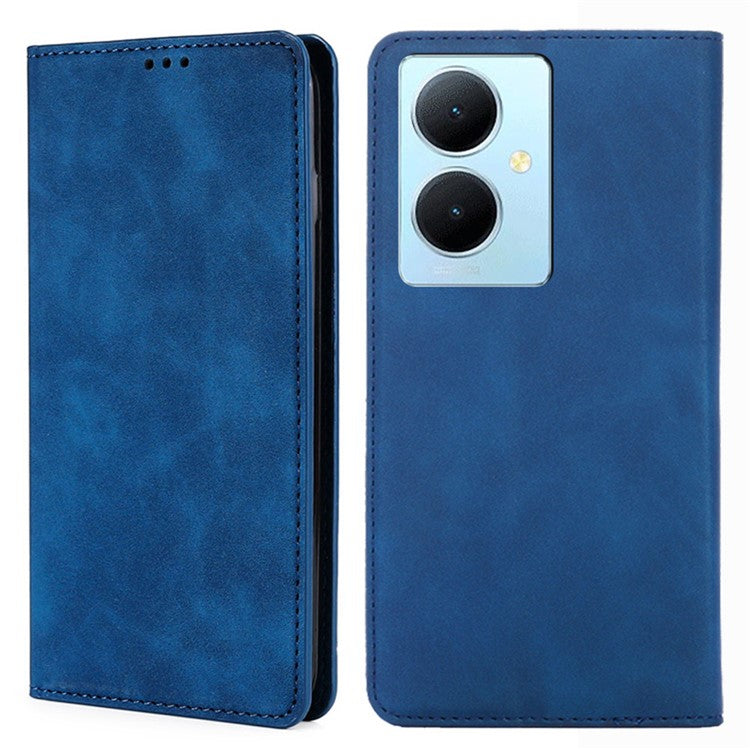 For vivo Y78+ 5G Magnetic Phone Cover Skin-touch Feeling Flip Card Holder PU Leather Phone Case - Blue