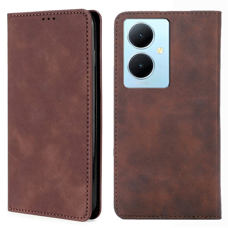 For vivo Y78+ 5G Magnetic Phone Cover Skin-touch Feeling Flip Card Holder PU Leather Phone Case - Dark Brown