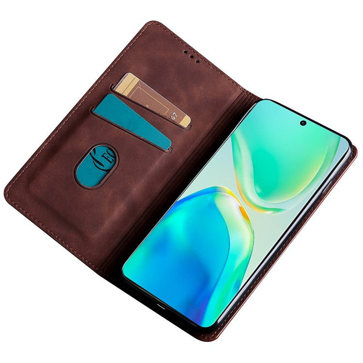 For vivo Y78+ 5G Magnetic Phone Cover Skin-touch Feeling Flip Card Holder PU Leather Phone Case - Dark Brown