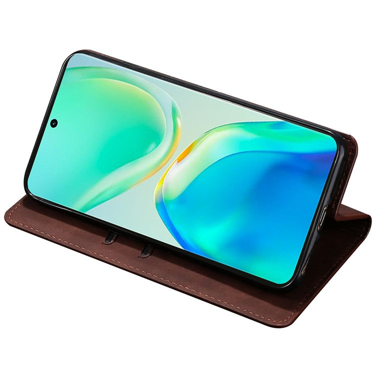 For vivo Y78+ 5G Magnetic Phone Cover Skin-touch Feeling Flip Card Holder PU Leather Phone Case - Dark Brown