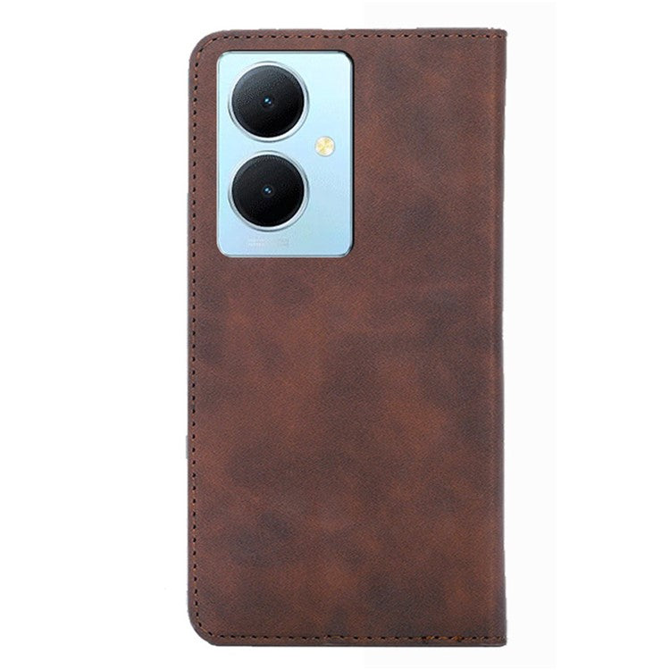 For vivo Y78+ 5G Magnetic Phone Cover Skin-touch Feeling Flip Card Holder PU Leather Phone Case - Dark Brown