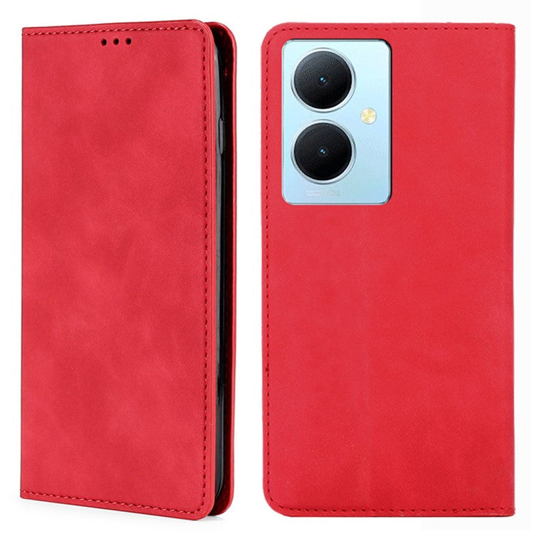 For vivo Y78+ 5G Magnetic Phone Cover Skin-touch Feeling Flip Card Holder PU Leather Phone Case - Red