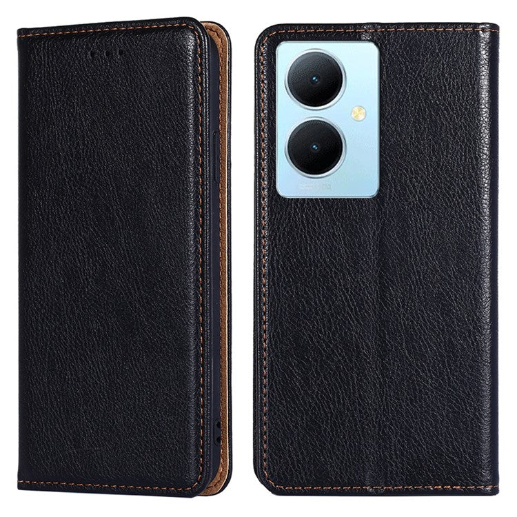 For vivo Y78+ 5G Solid Color Wallet PU Leather Case Stand Magnetic Closure Phone Cover - Black