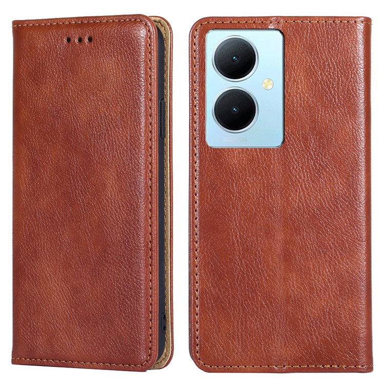 For vivo Y78+ 5G Solid Color Wallet PU Leather Case Stand Magnetic Closure Phone Cover - Brown