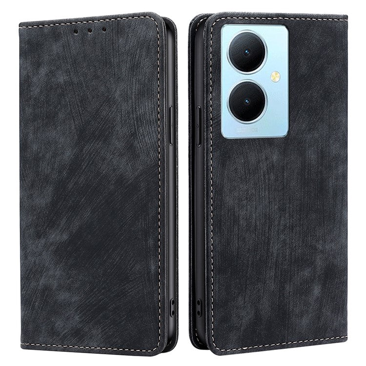 For vivo Y78+ 5G RFID Blocking Wallet PU Leather Phone Case Magnetic Stand Phone Cover - Black