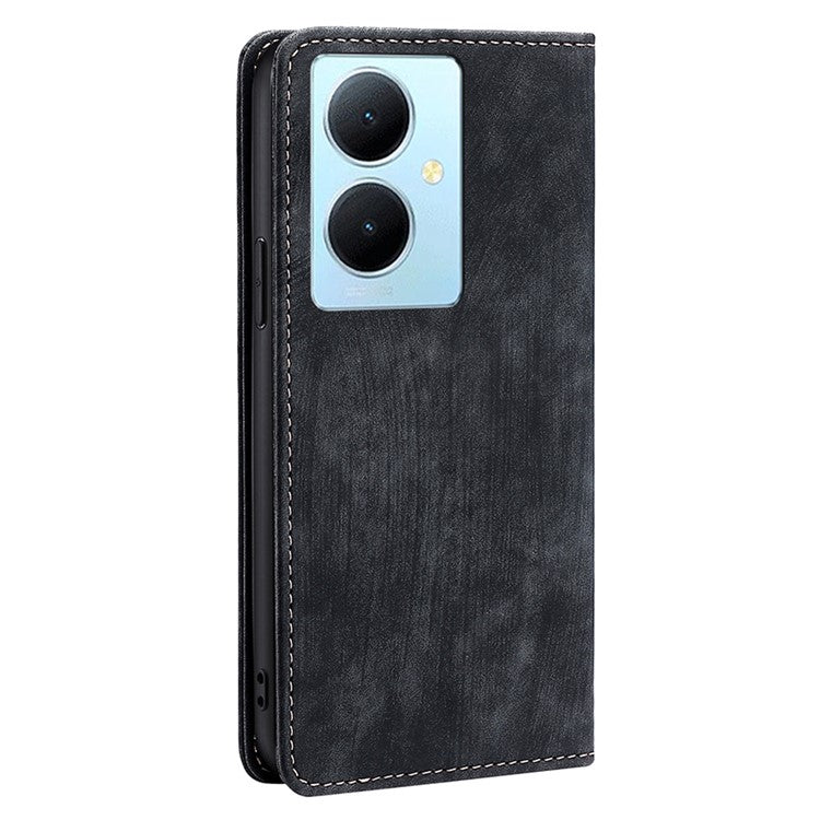 For vivo Y78+ 5G RFID Blocking Wallet PU Leather Phone Case Magnetic Stand Phone Cover - Black