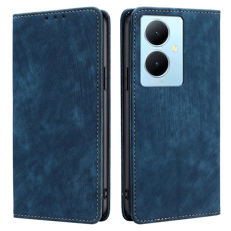 For vivo Y78+ 5G RFID Blocking Wallet PU Leather Phone Case Magnetic Stand Phone Cover - Blue