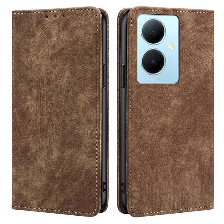 For vivo Y78+ 5G RFID Blocking Wallet PU Leather Phone Case Magnetic Stand Phone Cover - Brown