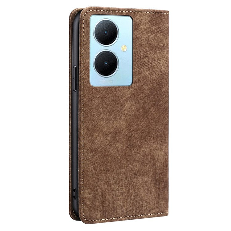 For vivo Y78+ 5G RFID Blocking Wallet PU Leather Phone Case Magnetic Stand Phone Cover - Brown