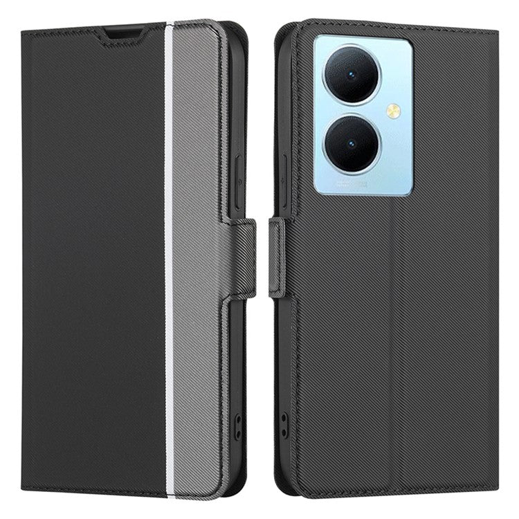 For vivo Y78+ 5G Anti-Scratch Phone Cover Twill Texture Card Holder Stand TPU+PU Leather Case - Black