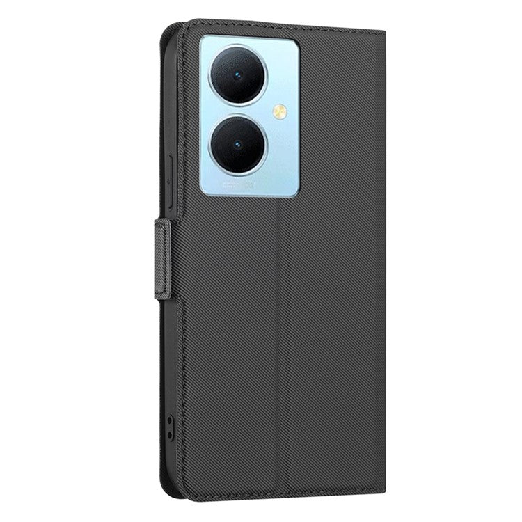 For vivo Y78+ 5G Anti-Scratch Phone Cover Twill Texture Card Holder Stand TPU+PU Leather Case - Black