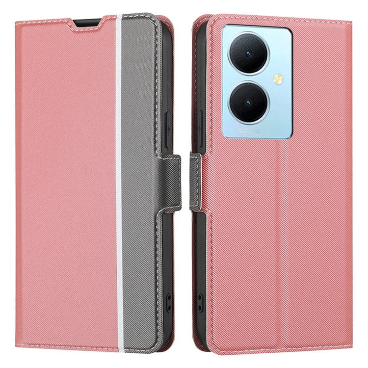 For vivo Y78+ 5G Anti-Scratch Phone Cover Twill Texture Card Holder Stand TPU+PU Leather Case - Pink