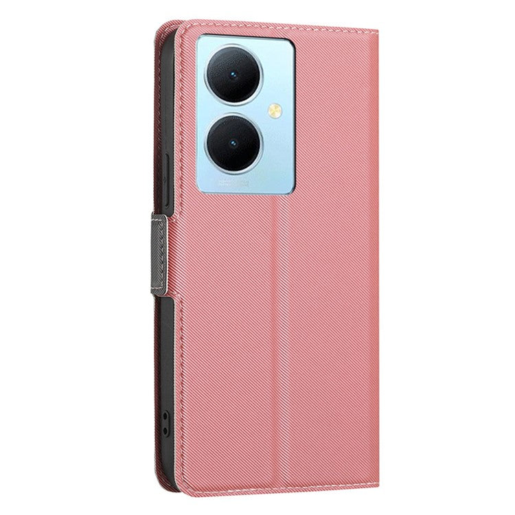 For vivo Y78+ 5G Anti-Scratch Phone Cover Twill Texture Card Holder Stand TPU+PU Leather Case - Pink