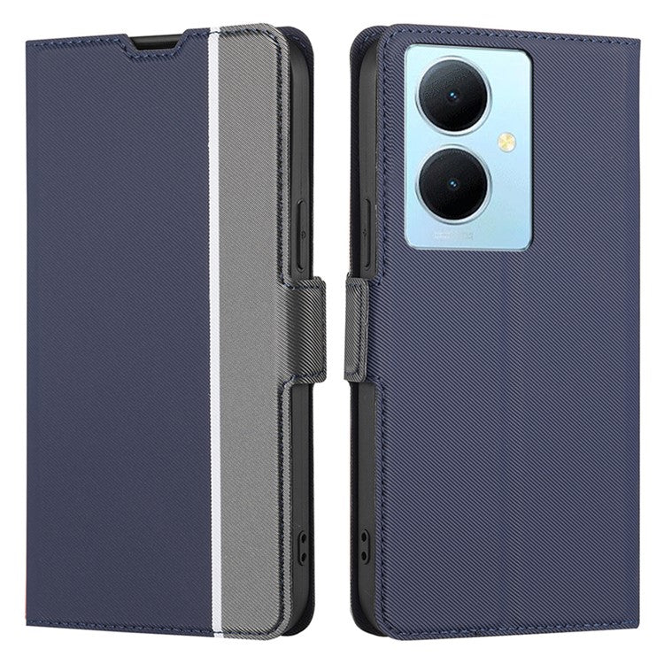 For vivo Y78+ 5G Anti-Scratch Phone Cover Twill Texture Card Holder Stand TPU+PU Leather Case - Blue