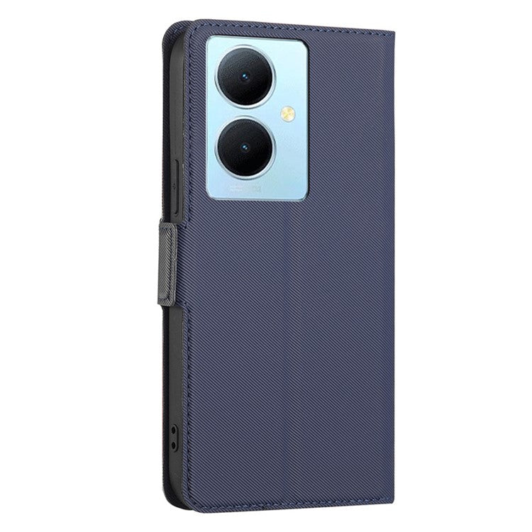 For vivo Y78+ 5G Anti-Scratch Phone Cover Twill Texture Card Holder Stand TPU+PU Leather Case - Blue